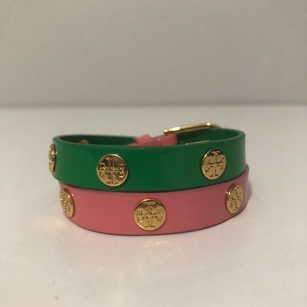 Tory Burch Pink and Green Double Wrap Gold Logo Stud Buckle Bracelet